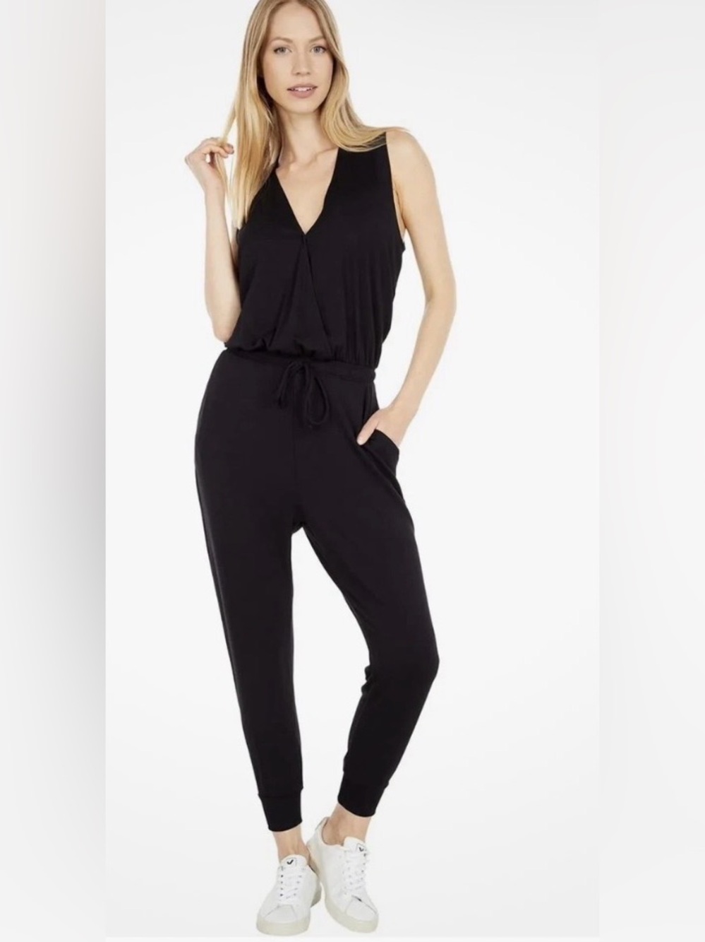 Beyond Yoga Easy Gather Jumpsuit Black Medium Jogger Drawstring Rayon